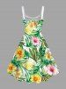 Plus Size Tropical Leaf Flower Wreath Print Hawaii A Line Tank Dress -  