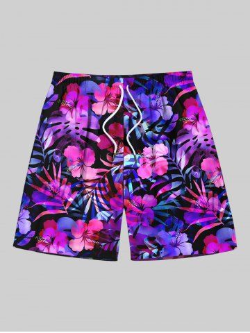 Plus Size Tropical Leaf Hibiscus Flower Print Hawaii Beach Shorts For Men - PURPLE - 6XL