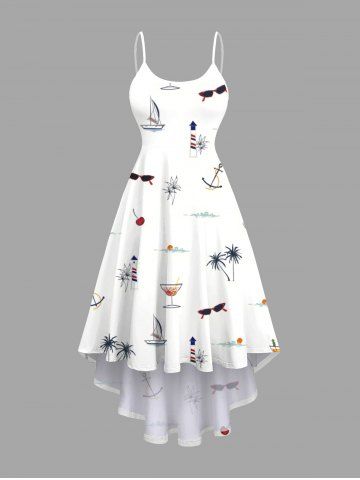 Plus Size Coconut Tree Lighthouse Sunglasses Fruit Juice Print High Low Hawaii Cami Dress - WHITE - S