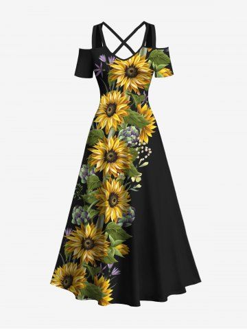 Plus Size Sunflowers Leaf Print Cold Shoulder Crisscross Hawaii Maxi Dress - BLACK - 5X