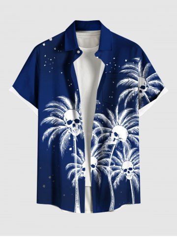 Plus Size Coconut Tree Skulls Paint Splatter Print Buttons Pocket Hawaii Shirt For Men