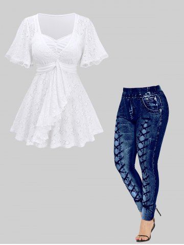 Floral Embroidery Hollow Out Ruffles Lace Trim T-shirt and Leggings Plus Size Outfit