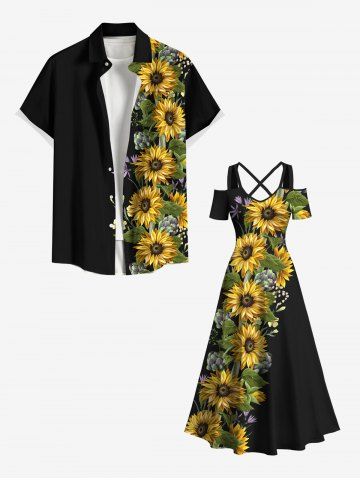 Sunflowers Leaf Print Plus Size Matching Hawaii Beach Outfit For Couples