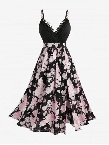 Lace Butterfly Sleeve Cardigan and Flower Print Jacquard Split Surplice A Line Dress Plus Size Outfit