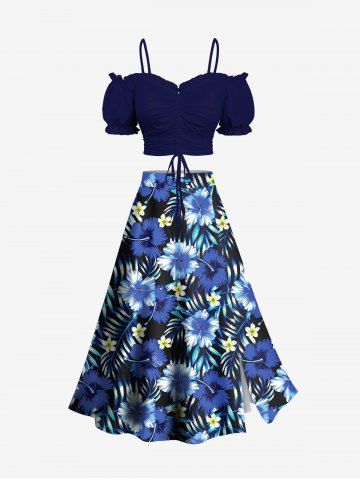 Ensemble de Haut Court Feuille Tropicale à Bretelle et de Jupe Linge A Fendue Jointive Fleurie Imprimée de Grande Taille