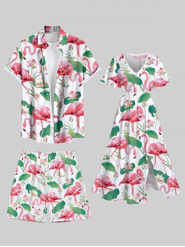 Costume de Plage Flamant Fleur Feuille de Lotus Imprimés de Grande Taille pour Couples - LIGHT PINK