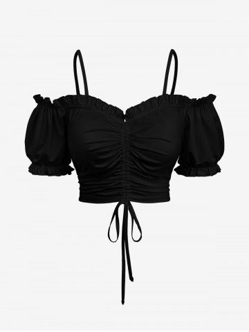 Haut à Bretelle en Couleur Unie à Epaule Dénudée à Manches Bouffantes de Grande Taille - BLACK - 6X
