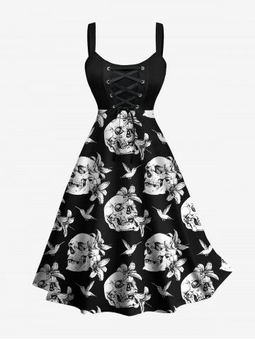 Plus Size Skulls Flowers Bird Print Lace Up Panel Tank Dress - BLACK - L