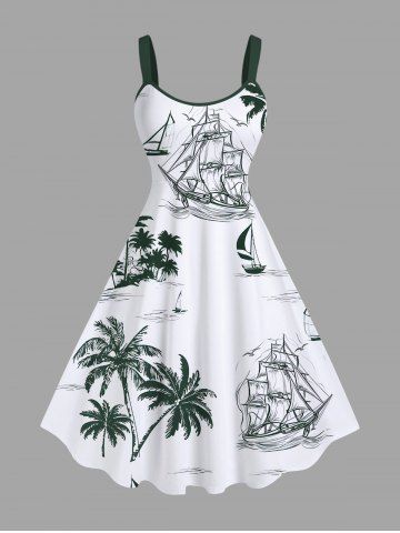 Plus Size Coconut Tree Sailboat Cruise Print Hawaii A Line Tank Dress