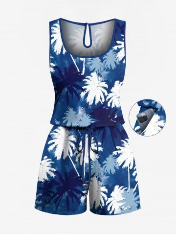 Plus Size Tie Dye Ombre Coconut Tree Print Hawaii Drawstring Pocket Jumpsuit - BLUE - M