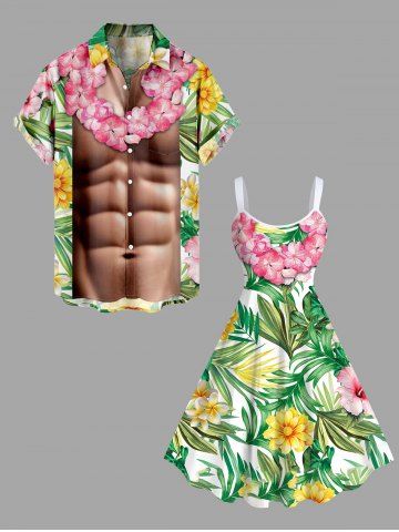 Costume D'habit de Grande Taille Imprimée de Feuilles et Fleurs Tropicales pour la Plage - GREEN