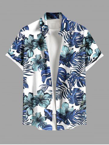 Plus Size Tropical Leaves Floral Print Hawaii Button Pocket Shirt For Men - BLUE - 4XL