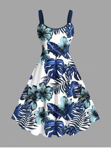 Plus Size Tropical Leaves Floral Print Hawaii A Line Tank Dress - BLUE - S