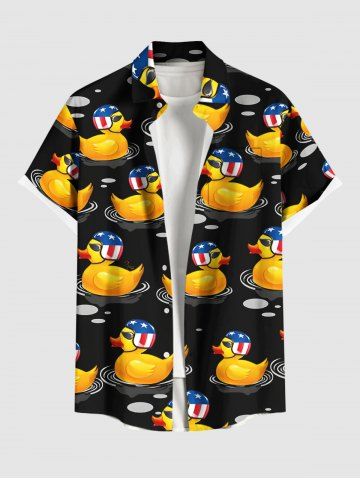 Plus Size Patriotic American Flag Duck Print Hawaii Button Pocket Shirt For Men - BLACK - 3XL