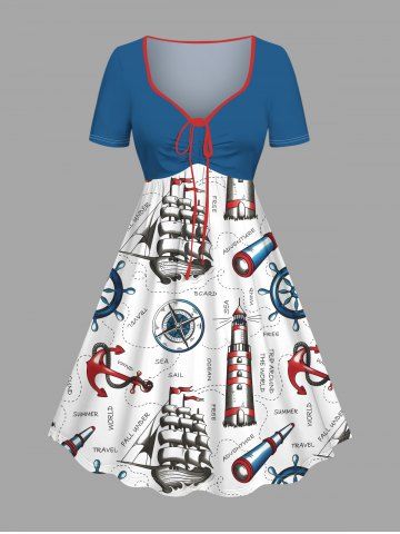 Plus Size Sailboat Anchor Rudder Cruise Print Cinched Hawaii Dress - WHITE - L