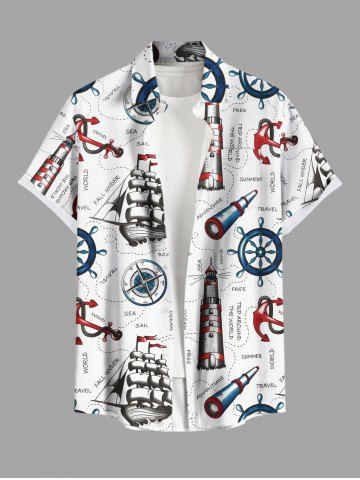 Plus Size Sailboat Anchor Rudder Cruise Print Buttons Pocket Hawaii Shirt For Men