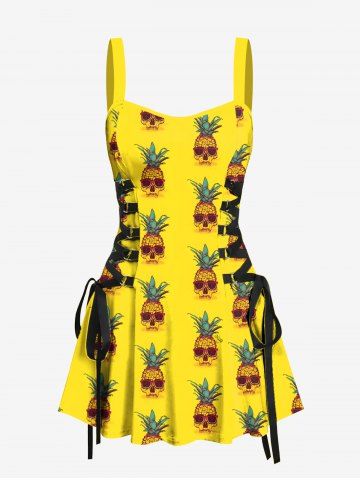 Pineapple Skulls Print Lace Up Hawaii Tank Dress - YELLOW - XS