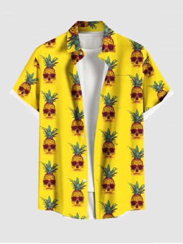 Plus Size Pineapple Skulls Print Buttons Pocket Hawaii Shirt For Men - YELLOW - L