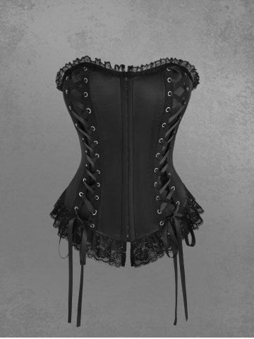 Gothic Plus Size Lace-up Flower Lace Trim Ruffles Hook and Eye Corset - BLACK - 1X | US 14-16