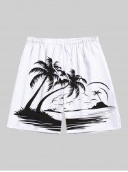 Short de Plage Hawaïen à Imprimé Cocotiers et Paysage Marin Grande-Taille pour Hommes - Blanc 7XL
