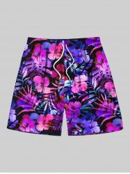 Plus Size Tropical Leaf Hibiscus Flower Print Hawaii Beach Shorts For Men -  