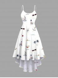 Plus Size Coconut Tree Lighthouse Sunglasses Fruit Juice Print High Low Hawaii Cami Dress -  