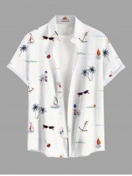 Plus Size Coconut Tree Lighthouse Sunglasses Fruit Juice Print Buttons Pocket Hawaii Shirt For Men -  