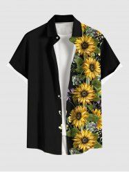 Plus Size Sunflowers Leaf Print Buttons Pocket Hawaii Shirt For Men -  