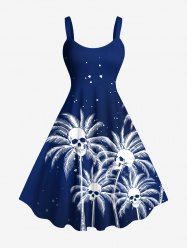 Robe Hawaïen Imprimée Crâne Arbre Noix de Coco Grande Taille - Bleu profond 3X