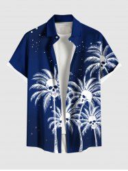 Plus Size Coconut Tree Skulls Paint Splatter Print Buttons Pocket Hawaii Shirt For Men -  