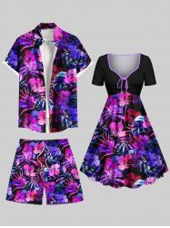 Tropical Leaf Hibiscus Flowers Print Plus Size Matching Hawaii Beach Outfit For Couples -  
