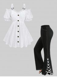 Jacquard Embroidered Pointelle Hollow Out Top and Split Lace Up Topstitching Flare Pants Plus Size Outfit -  