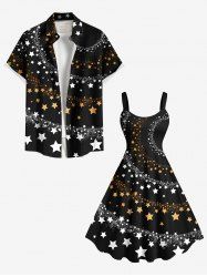 Two Tone Stars Galaxy Print Shirt and Dress Plus Size Matching Outfit For Couples -  