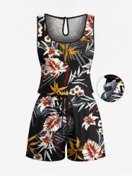 Combinaison Imprimé à Feuilles et Fleurs Tropicales avec Boutons Grande Taille - Noir 2X