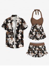 Ombre Floral Leaves Print Shirt Swimsuit Plus Size Matching Hawaii Beach Outfit For Couples -  