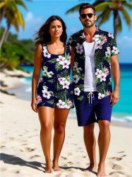 Matching Hawaii Shirt and Romper Plus Size Beach Outfit Tropical Leaf Hibiscus Print For Couples -  