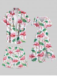 Tenue de plage hawaïenne assortie grande taille à imprimé flamant rose, fleur de lotus et feuilles pour couples - Rose clair 