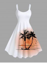 Plus Size Coconut Tree Sun Boat Seascape Print Hawaii Tank Dress -  