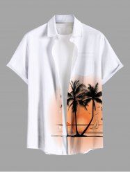 Plus Size Coconut Tree Sun Boat Seascape Print Buttons Pocket Hawaii Shirt For Men -  