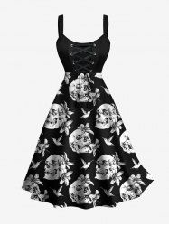 Plus Size Skulls Flowers Bird Print Lace Up Panel Tank Dress -  