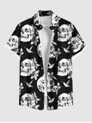 Chemise Crâne Fleur et Oiseau Imprimés de Grande Taille avec Poche en Avant - Noir 2XL