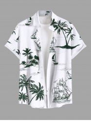 Plus Size Coconut Tree Sailboat Cruise Print Hawaii Button Pocket Shirt For Men -  
