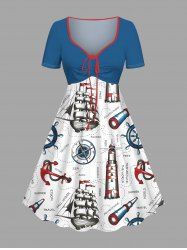 Plus Size Sailboat Anchor Rudder Cruise Print Cinched Hawaii Dress -  