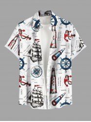 Plus Size Sailboat Anchor Rudder Cruise Print Buttons Pocket Hawaii Shirt For Men -  