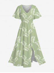 Robe mi-longue hawaïenne fendue à imprimé feuilles grande taille - Vert clair 3X