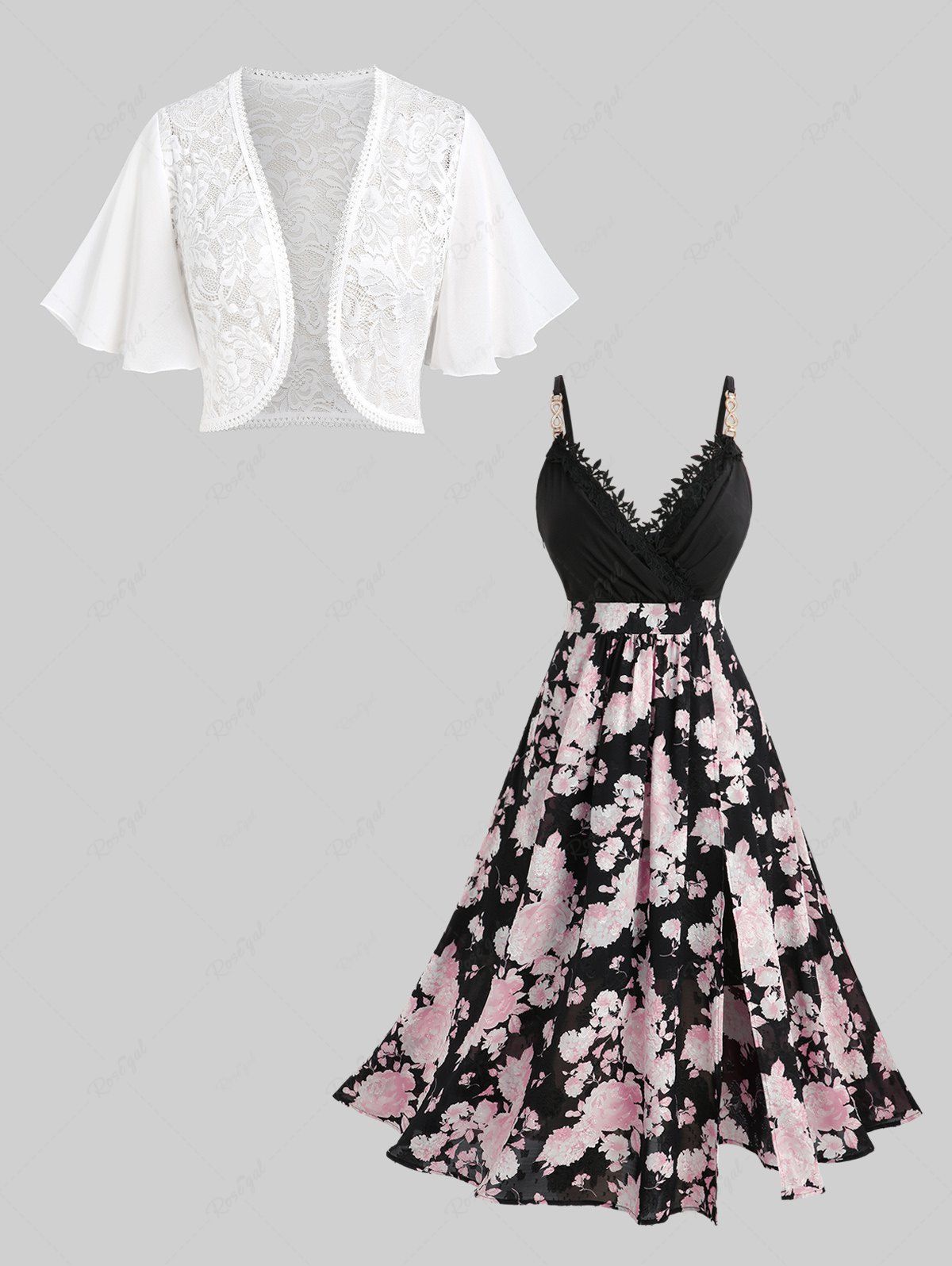 Fancy Lace Butterfly Sleeve Cardigan and Floral Print Jacquard Split Surplice A Line Dress Plus Size Outfit  