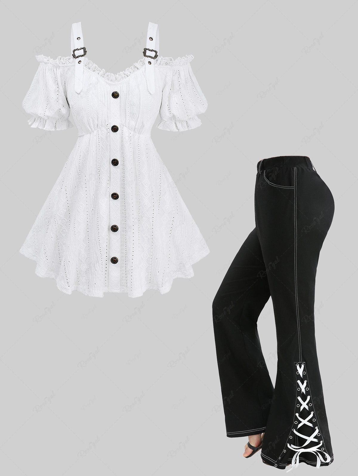 Best Jacquard Embroidered Pointelle Hollow Out Top and Split Lace Up Topstitching Flare Pants Plus Size Outfit  