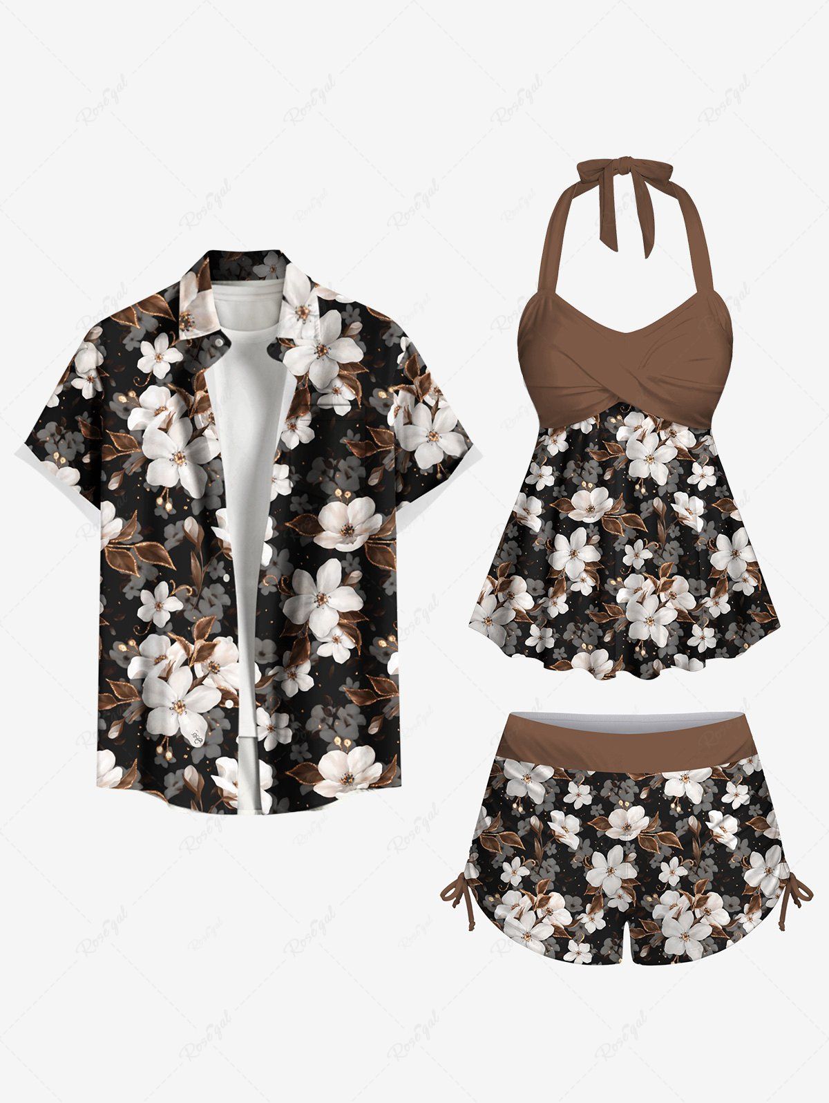 Fancy Ombre Floral Leaves Print Shirt Swimsuit Plus Size Matching Hawaii Beach Outfit For Couples  
