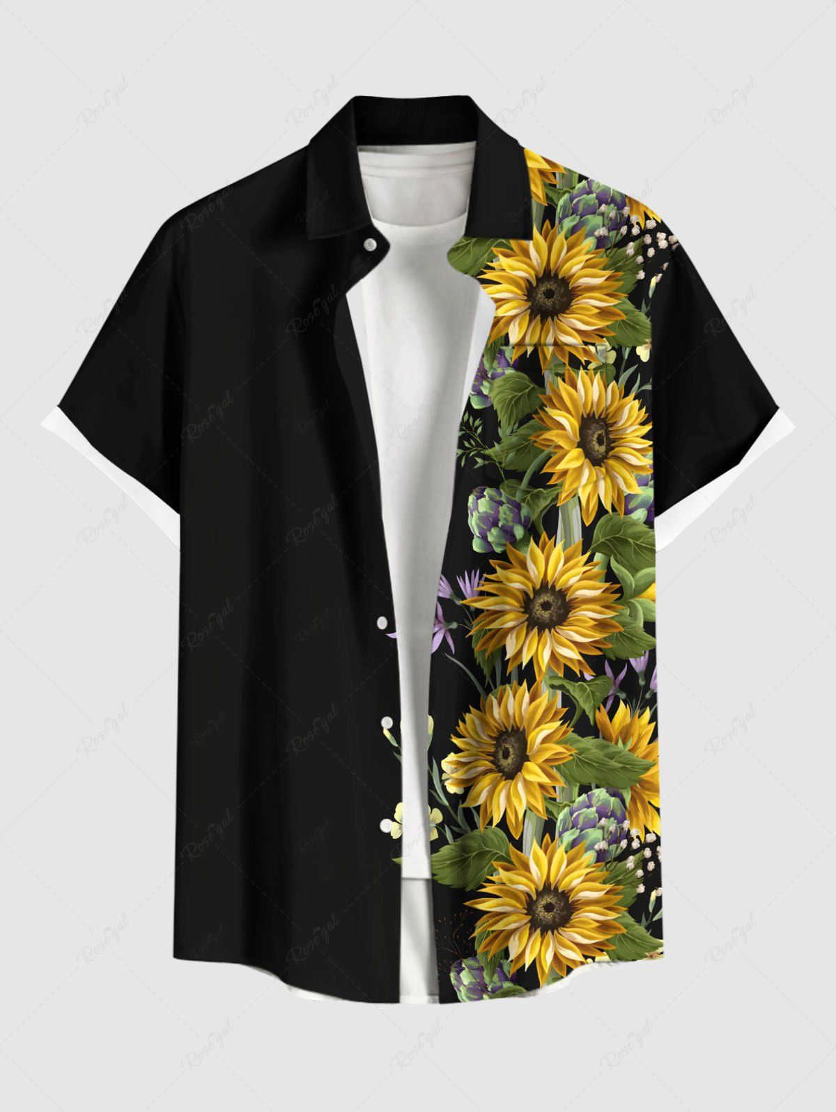 Hot Plus Size Sunflowers Leaf Print Buttons Pocket Hawaii Shirt For Men  