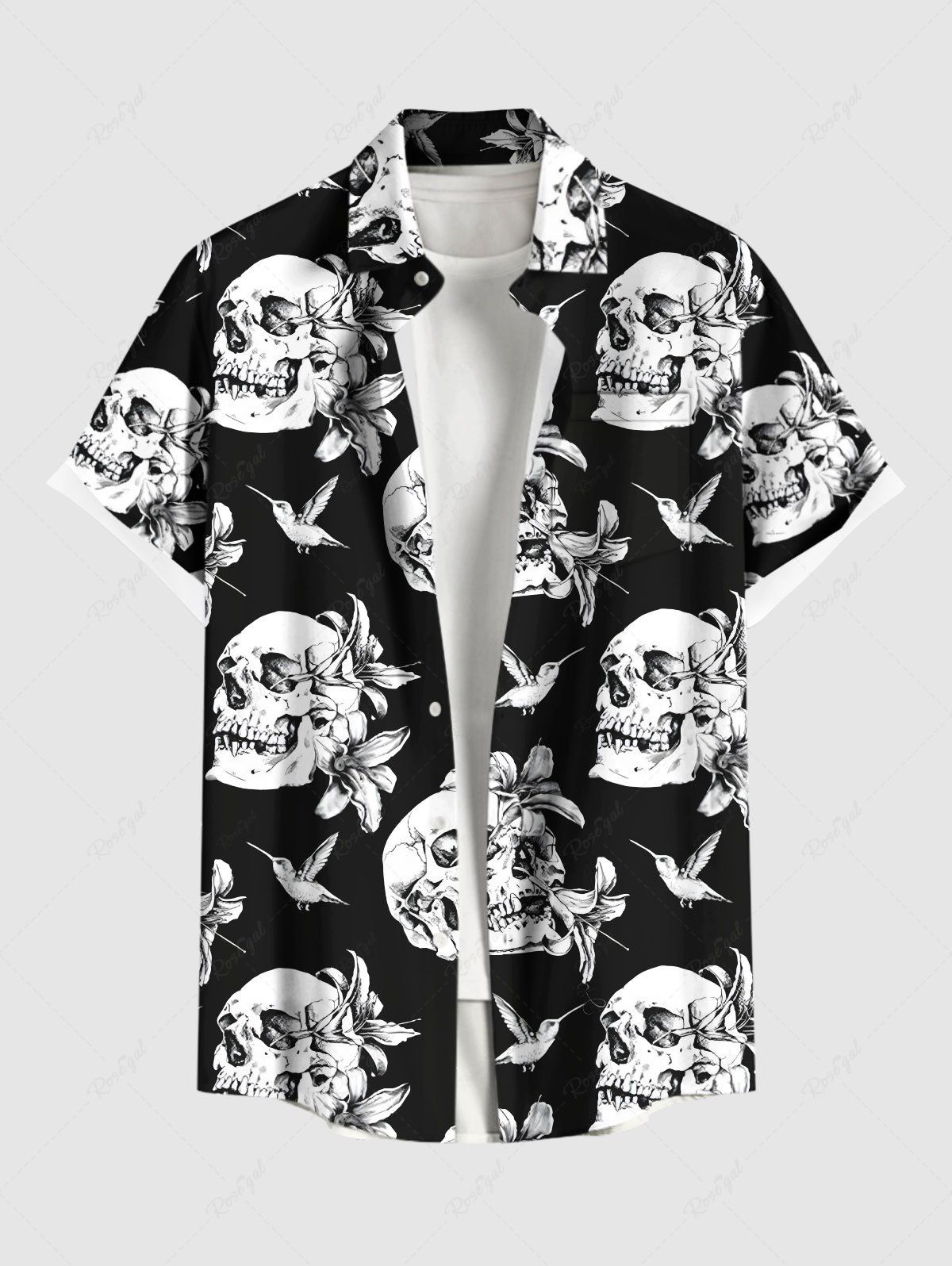 Hot Plus Size Skulls Flowers Bird Print Buttons Pocket Shirt For Men  
